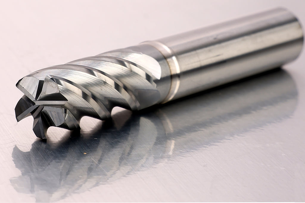 EUROCUTPRECISION Z5 five-flute solid carbide end mill at three-quarter angle, cutting head and shank