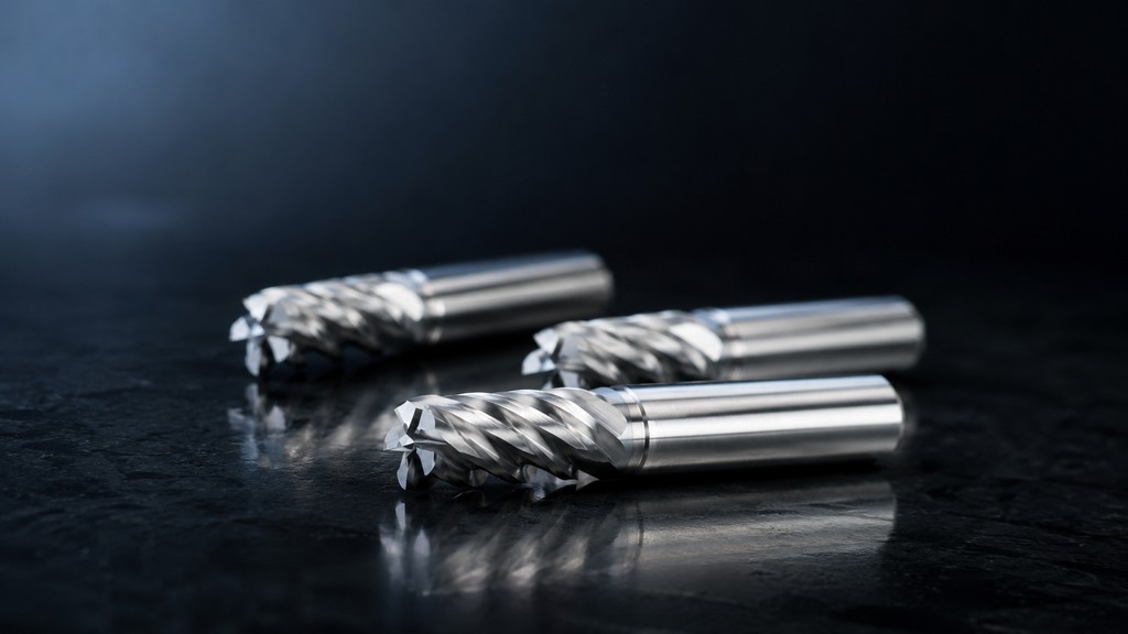 Three EUROCUTPRECISION Z5 five-flute solid carbide end mills in a studio photograph on a dark background